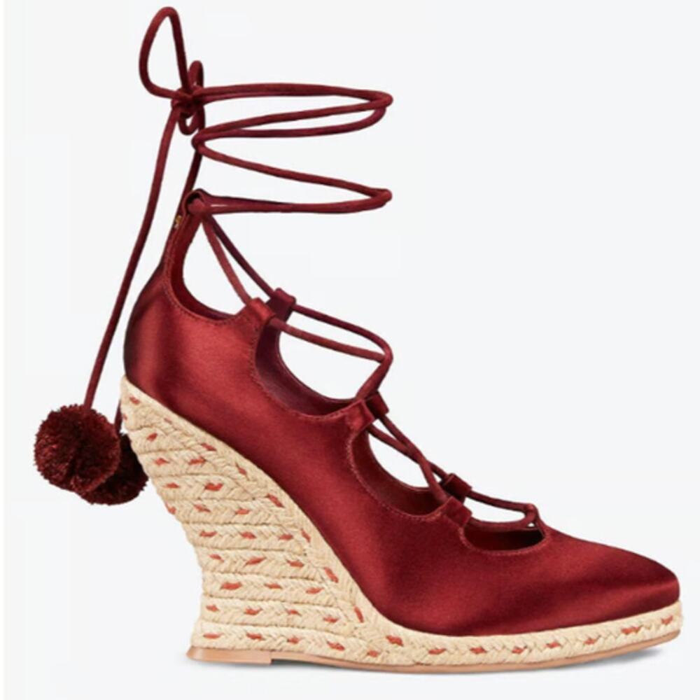 Tory Burch NWOB Red Pom Pom Lace Up Satin Wedge Espadrilles Size 5.5 Heel Logo